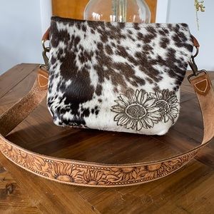 Cowhide Crossbody with Sunflowers